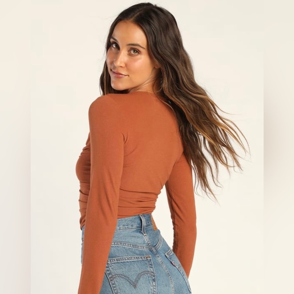 Perfectly Pleased Rust Brown Ruched Long Sleeve Bodysuit - Picture 2 of 6